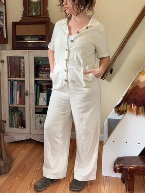 Cream Linen Blend Painter’s Overalls Wide Leg Button Front Artist Jumpsuit